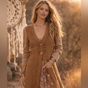 Free People Pinwheel Brown Knit Cardigan Sweater Small